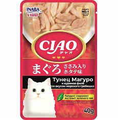INABA Ciao Pouch пауч для кошек (ТУНЕЦ МАГУРО, КУРИЦА, ГРЕБЕШОК), 40г