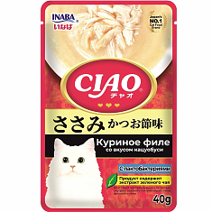 INABA Ciao Pouch пауч для кошек (КУРИЦА, КАЦУОБУСИ, ЛАКТОБАКТЕРИИ), 40г