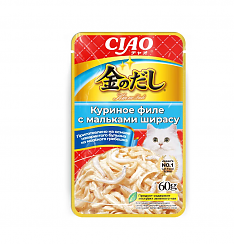 INABA Kinnodashi пауч для кошек (КУРИЦА, МАЛЬКИ ШИРАСУ В ЖЕЛЕ), 60 г
