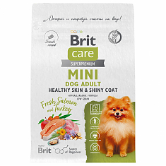 BRIT CARE Mini, Сухой корм с лос и инд д/вз.cоб.мин.п, "Adult. Healthy Skin&Shiny Coat",0.4кг