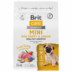 BRIT CARE Mini, Сухой корм с инд. для щ. и мол.соб.мин.п,"Puppy&Junior.Healthy Growth",1.5кг