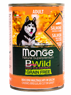 Monge Dog BWild GRAIN FREE консервы для собак (ЛОСОСЬ, ТЫКВА, КАБАЧКИ), 400г