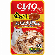 INABA Kinnodashi пауч для кошек (ТУНЕЦ, ПАЛТУС В ЖЕЛЕ), 60 г.