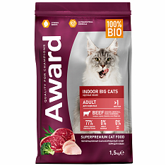 AWARD IndoorBigСats для взрослых кошек крупных пород (говядина,курица,брокколи,юкка Шидигера) 1,5кг