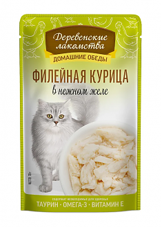 ДЕРЕВЕНСКИЕ ЛАКОМСТВА пауч для кошек Домашние обеды (КУРИЦА ФИЛЕ, ЖЕЛЕ), 70 г