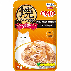 INABA CIAO Yaki Katsuo Dinner пауч для кошек (ТУНЕЦ КАЦУО НА ГРИЛЕ, ГРЕБЕШОК, КАЦУОБУСИ), 50 г