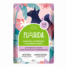 FLORIDA Пауч для кошек с чувст.пищеварением ягненок/тыква кусочки в желе 85гр, шт