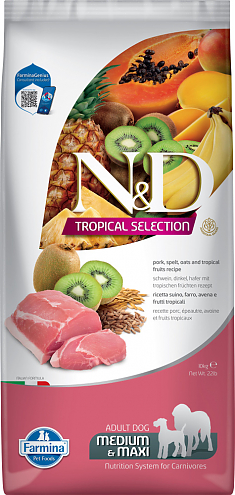 N&D TROPICAL SELECTION для взрослых собак сред.и круп.пород (СВИНИНА, СПЕЛЬТА, ОВЕС, ФРУКТЫ), 10 кг
