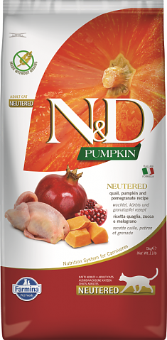 N&D PUMPKIN для стер.кошек и кастр.котов (ПЕРЕПЕЛ, ТЫКВА, ГРАНАТ), 5 кг.