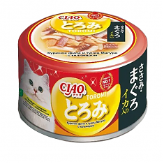 INABA Ciao Toromi консервы для кошек (КУРИЦА, ТУНЕЦ МАГУРО, КАЛЬМАР В БУЛЬОНЕ), 80 г.