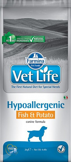 VET LIFE HYPOALLERGENIC для собак (снижение пищевой непереносимости; РЫБА, КАРТОФЕЛЬ), 2 кг.