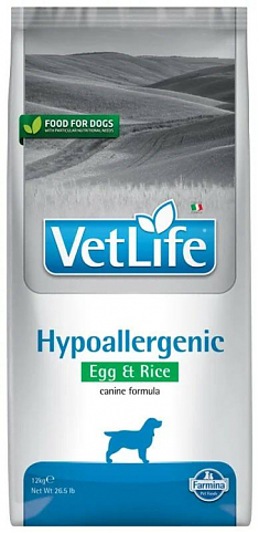 VET LIFE HYPOALLERGENIC для собак (снижение пищевой непереносимости; ЯЙЦО, РИС), 12 кг.