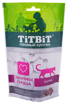 TITBIT лакомство хрустящие подушечки для кошек с мясом индейки для здоровья сердца, 60 г