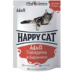 HAPPY CAT пауч для кошек (ГОВЯДИНА, БАРАНИНА, СОУС), 100 г.