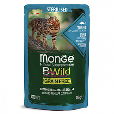 Monge Cat BWild GRAIN FREE пауч для стерилизованных кошек (ТУНЕЦ, КРЕВЕТКИ, ОВОЩИ), 85 г