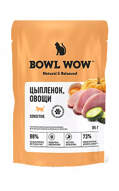 BOWL WOW пауч для кошек чувствительным пищеварением (ЦЫПЛЕНОК, ОВОЩИ), 85 г