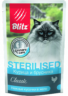 BLITZ CLASSIC пауч для стерилизованных кошек (КУРИЦА, БРУСНИКА), 85 г.
