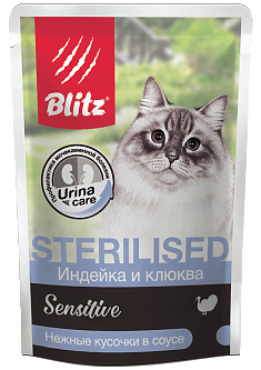 BLITZ SENSITIVE пауч для стерилизованных кошек (ИНДЕЙКА, КЛЮКВА), 85 г.