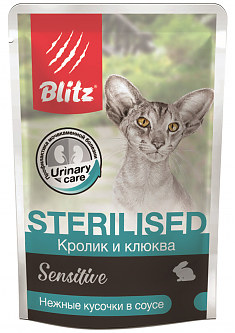 BLITZ SENSITIVE пауч для стерилизованных кошек (КРОЛИК, КЛЮКВА), 85 г.