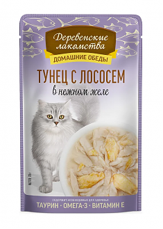 ДЕРЕВЕНСКИЕ ЛАКОМСТВА пауч для кошек Домашние обеды (ТУНЕЦ, ЛОСОСЬ, ЖЕЛЕ), 70 г
