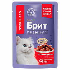BRIT PREMIUM, Пауч для взрослых стерилизованных кошек,Мясное ассорти с потрошками в желе,85г,5050222