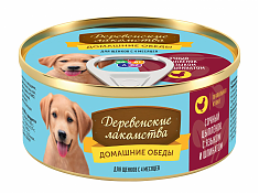 ДЕРЕВЕНСКИЕ ЛАКОМСТВА консервы для щенков Домашние обеды (ЦЫПЛЕНОК, ЯЗЫК, ШПИНАТ), 100 г