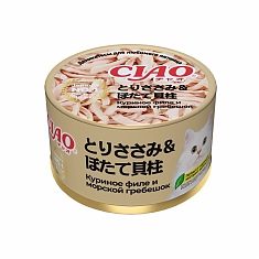 INABA Ciao Can консервы для кошек (КУРИНОЕ ФИЛЕ, МОРСКОЙ ГРЕБЕШОК), 85 г