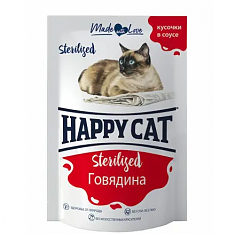 HAPPY CAT пауч для стерилизованных кошек (ГОВЯДИНА, СОУС), 85 г.