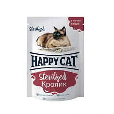 HAPPY CAT пауч для стерилизованных кошек (КРОЛИК, СОУС), 85 г.